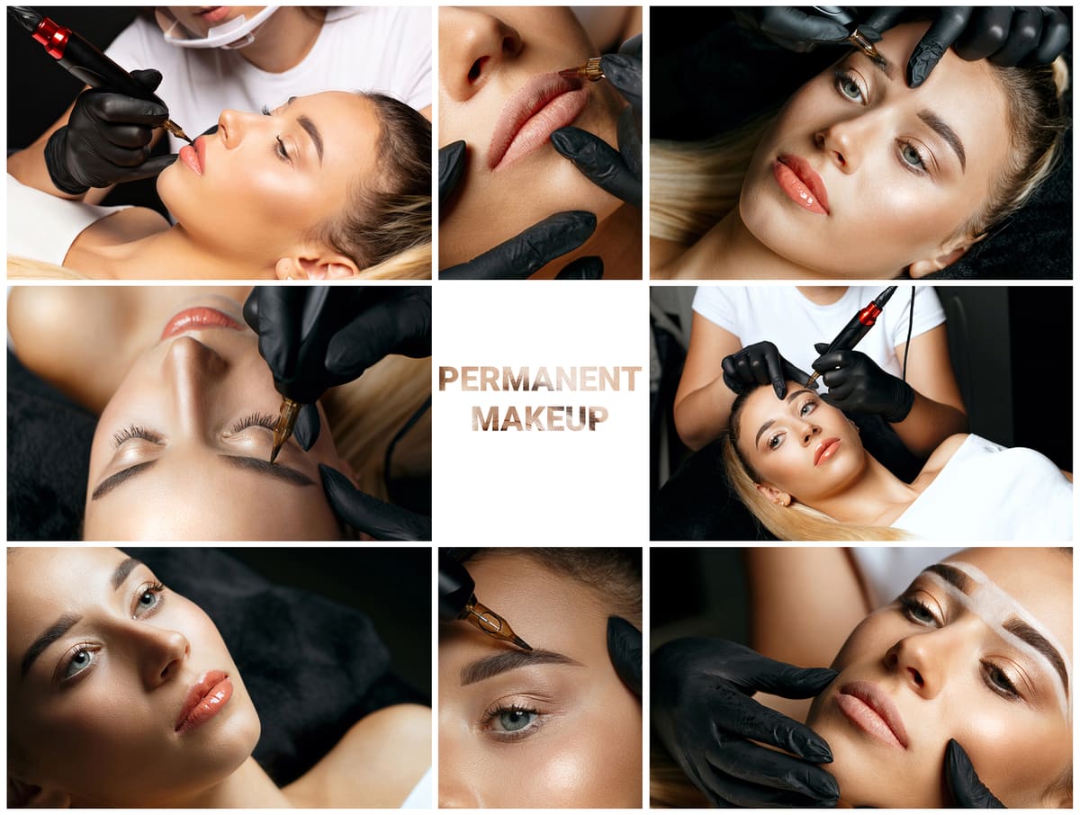 Mosaïque de réalisations de maquillage permanent des sourcils, des yeux et des lèvres