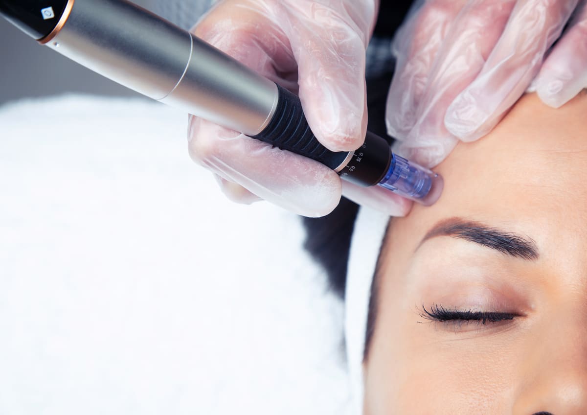 Facial microneedling session with a micro-needle pen