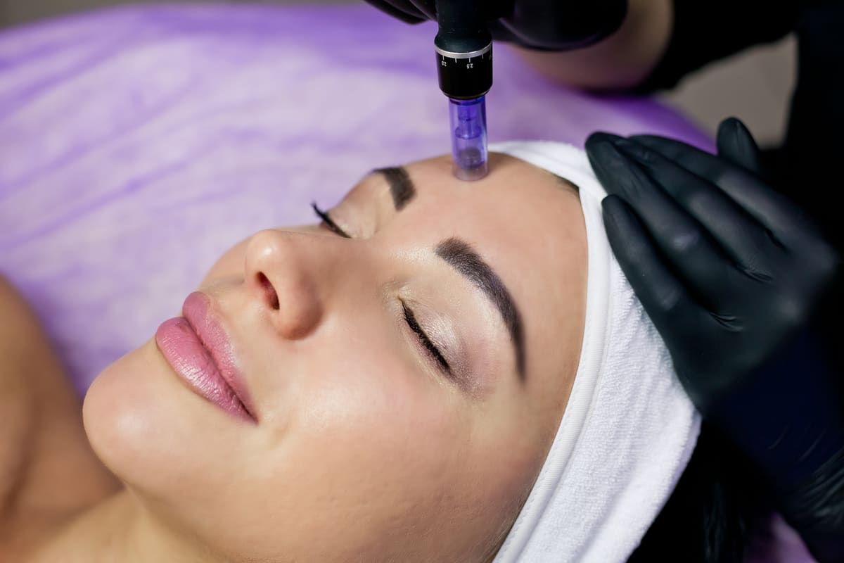 Facial microneedling session with a micro-needle pen on a client lying down
