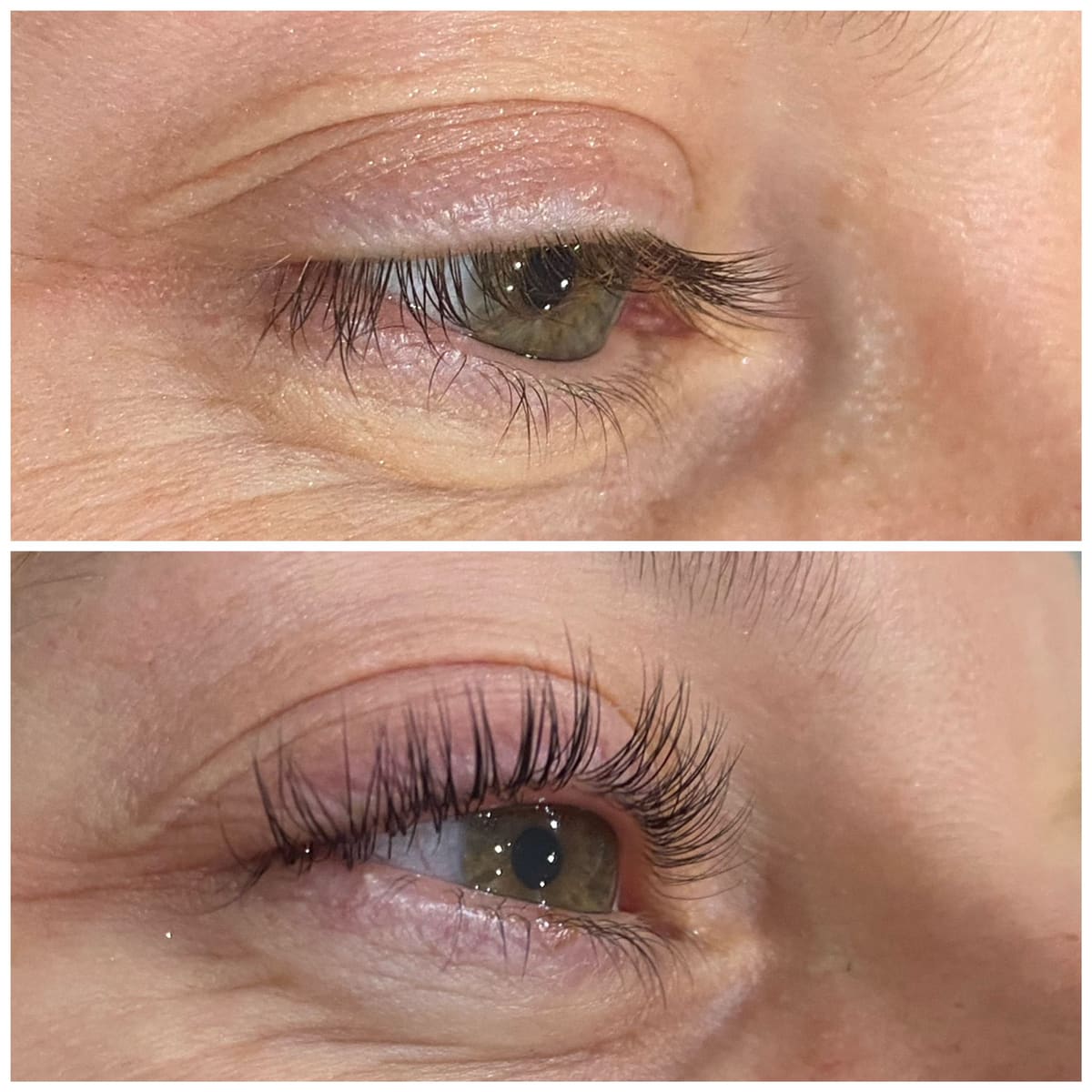 Avant/après d'un rehaussement de cils : cils plats en haut, cils recourbés et regard ouvert en bas