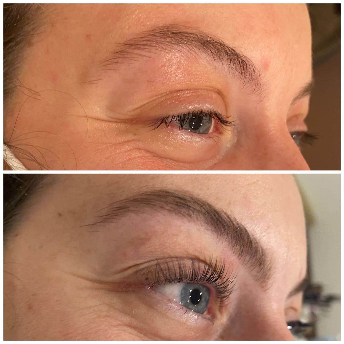 Voor/na van een wimperlifting: gekrulde wimpers en een opener blik