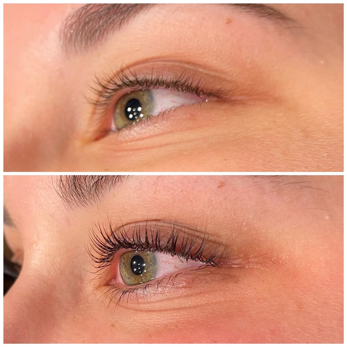 Avant/après d'un rehaussement de cils réalisé à l'institut Sam Beauty à Ixelles : cils nettement plus recourbés